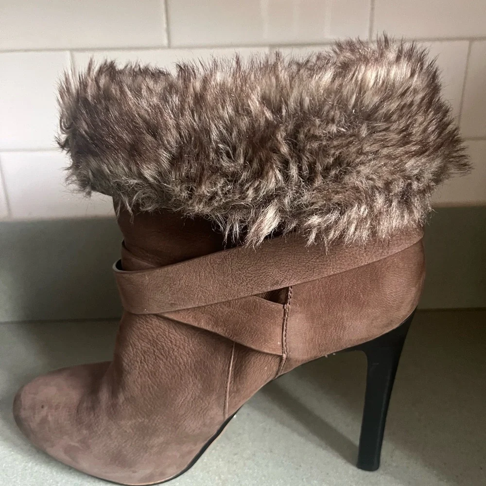 Aldo Brown Heeled Boots with Faux Fur Trim - Picture 1 of 8